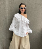  MQTIME  -  European and American Commuter Women's French Style White Cotton Ruffled Asymmetric Collar Shirt