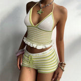 MQTIME  -  Color Patchwork Knitted Vacation Beach 2 Piece Set Women Sexy V-neck Lace Halter Backless Ruffles Camis Crop Tops + Shorts Suit