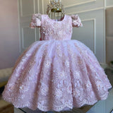 MQTIME Customized Flower Girl Dresses Tulle Lace Appliques Flowers Short Sleeve For Wedding Birthday Party Banquet Holy Communion Gowns