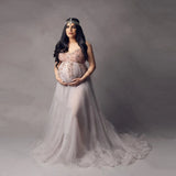 MQTIME -  Chic Tulle Pregnancy Dresses With Beads Baby Shower vestido de fiesta Fashion High Split Crystals Maternity Gowns To Photo-shoot