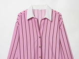 MQTIME  -  Vintage Pink Striped Women Casual Single Breasted Shirts Loose Turn-down Collar Shirt Fashion Spring Female Shirts