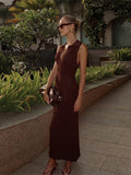  MQTIME  -  Fashion Knitted Pleated Long Dress For Women Elegant Sleeveless Polo Neck A-line Evening Party Dress Summer Holiday Lady Robes
