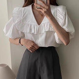 MQTIME  - Korean Style Female Shirts Summer Minimalist Navy Collar Ruffle Stripe Blouse Loose Single Breasted Short Bubble Sleeve Tops