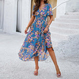 MQTIME  -  Women's Spring Summer Boho Dress Floral Printed Short Sleeved V Neck Dress Elegant Slim Waist Party Street Dress Womens