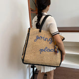  MQTIME  -  Women Large Capacity Hand Woven Straw Tote Bag Top Handles Simple Letter Embroidery Summer Beach Travel Shopping Handbag