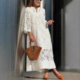 MQTIME  -  Summer New Casual Loose Women Beach Resort Hoodie Lace Dress Fashion Solid Color Female Long Dresses