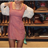  MQTIME  -  Fashion Plaid Slip Short Dress For Women Square Collar Sleeveless Lace Hip Package Vestidos Summer Chic Lady Casual Dresses
