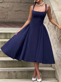 MQTIME  -  Summer New French Square Neck Women Elegant Strap Dress Simple Solid Color Female Banquet Grand Display Long Dresses