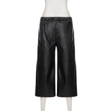  MQTIME  -  Women's Black Faux Leather Wide Leg Culotte Pants Low Waisted With Drawstring Punk Loose Fit Autumn Winter Streetwear Style Chic