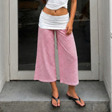  MQTIME  -  Women Striped Wide Leg Calf-Length Pants High Waist Casual Cropped Culottes Loose Fit Overlay Waistband Summer Streetwear