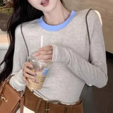 MQTIME  -  2024 Autumn New Streetwear O-neck Contrast Color Patchwork Casual Long Sleeve T-Shirt Women + Sexy A-line Skirt Two-piece Suit