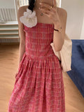 MQTIME  -  Vintage Plaid Dress Women Sexy A Line Midi Dresses Korean Split Slash Neck Slim Sundress Vestidos