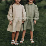  MQTIME  -  Vintage Mori Ruffled Collar Linen Dress Girls Spring And Summer Casual Solid Lantern Sleeve Long Sleeved Dresses Girl Dress