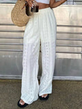 MQTIME  -  Fashion Holiday Loose Straight Long Pants Embroidered Hollow Spring Summer Pants Casual Elastic Waist Solid Color Women's Pants