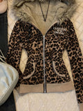  MQTIME  -  Streetwear Leopard Letter Printing Punk Jackets Women Y2k Aesthetic Furry Patchwork Hooded Coats Grunge Loose Vintage Jacket