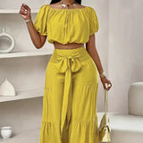 MQTIME  -  Fashion Streetwear Tie Up Commuter Outfit New Summer Solid Loose Two Piece Women's Casual Short Sleeve Top + Wide Leg Pants Suit