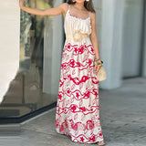 MQTIME  -  Spring Summer Suspender Long Dresses Fashion Contrast Print Bohemian Vacation Dress Sexy U Neck Swing Evening Dress Vestido
