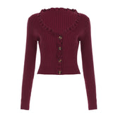 MQTIME  -  Autumn and Winter Textured Ruffle Collar Button Up Cardigan Top European and American Retro Style  Fit Cropped T-shirt for Women