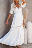 MQTIME  -  Boho Lace Dress V Neck Flare Sleeve Embroidery Maxi Dress A-line Elegant Party Dresses Mujer Vestidos