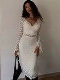  MQTIME  -  Sexy V-neck Long Sleeve Lace Patchwork Dress Women Elegant Double-layer Stretchy Party Club Evening Dress Wedding Outfit
