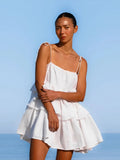 MQTIME  -  Cotton Ruffles Lace Up Strap Mini Dress Women Sleeveless Backless Vacation Party Dresses 2024 Summer Elegant Lady Streetwear