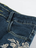 MQTIME  -  Chic Rose Embroidered Gradient Slightly Flared jeans for Women Slim Low Rise Dragging Denim Pants Casual Elegant Fashion Trouser