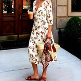  MQTIME  -  2026 Spring and Summer New Holiday Style Printing V-neck Lace-up Waist Dress