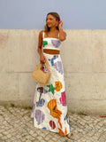 MQTIME  -  Printed Letter Vest Top Skirt Sets Women 2 Pieces Sleeveless Backless Short Tank A-line High Waist Long Skirts 2025 Summer Chic