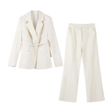 MQTIME  -  Blazer Suit Trouser Sets Women Solid Lace Up Turn-down Collar Coat High Waist Wide Leg Pant Suits Female 2025 Office Lady Outfit