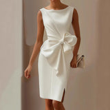 MQTIME  -  Summer New Simple Solid Color Women Sleeveless Round Neck Dress Fashion Bow Decoration Female Office Dresses