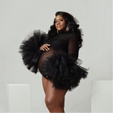 MQTIME -  Maternity Puffy Ruffled Sleeve Photography Bodysuit Fashion Black See Thru Tulle Dress For Pregnant Women Photo Shoot Clothing