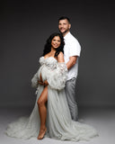 MQTIME  -  Elegant Lace Appliques Maternity Wedding Dress Off-Shoulder Organza Mesh Prom Party Gowns High Slit  Photography Dresses
