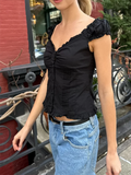 MQTIME  -  Women T-shirt Preppy Button Down Blouse Tops Y2k Vintage Cap Sleeve 00s Aesthetic Fairy Frill V Neck Crop Tops Milkmaid Vest
