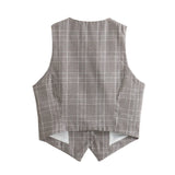 MQTIME  -  Summer Women Chic Plaid Casual V-Neck Sleeveless Vest Dew Shoulder Single Breasted Female Casual Pockets Short Vest Mujer