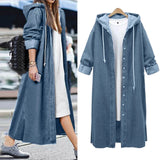 MQTIME  -  Fashion Streetwear Overcoat Chic Long Hooded Outwear Women Casual Denim Jacket Single-breasted Cardigan Ankle Length Coat