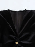 MQTIME  -  V-Neck Velvet Long Dresses Pleated Sexy Wide Shoulder Strap Waist Cinching Slim Fit Sleeveless Robes Gold Button Trend Dress