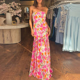 MQTIME  -  Spring Slim Fit Hem Long Dress Sexy Strapless Floral Print Boho Maxi Dress Womens Summer Fashion Off Shoulder Pleated Dress