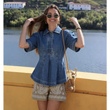  MQTIME  -  Denim Top Woman Sexy Short Sleeves Waist-Cinching Button Tops For Women Solid Color Ruched Slim Tank Tops