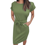 MQTIME  -  Summer Women Versatile Dress With Belt Casual Short Sleeve Round Neck Fashionable Dress Outfits Holiday Midi Sundress Vestidos