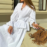 MQTIME  -  Design Ruffled Loose Dress Women's V-neck Tie Bell Sleeve White Commuter Long Dress