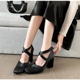 MQTIME  -  Ballet Style Fashion Satin Cross Strap Women Pumps Spring Summer Mary Janes Thick High Heels Lolita Ballet Dancing Chunky Shoes