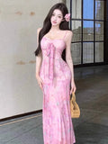 MQTIME  -  Women Dress Sexy Sleeveless Slash Neck Blooming Slim Floral Printed Bow Backless Hollow Out Elegant Party Dresses Ladies