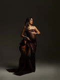 MQTIME  -  Elegant Strapless Sequin Maternity Gown Satin Bow - Formal Pregnancy for Wedding, Party, Prom Floor Length Brown Maternity Gown