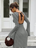 MQTIME  -  Slim Fit Knitted Long Sleeve round Neck Bell Bottom Striped Dress Cross Border New Style Fresh Sweet Style Casual Dress