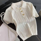 MQTIME  -  Women Ice Silk Polo Shirts Summer Thin Jacquard Knitted Short Sleeve T-shirts Female Lapel Button Tees Casual Pullover Tops