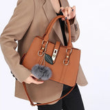 MQTIME  -  Women Fashion Hairball Shopper Totes Solid Color PU Leather Large Capacity Handbag Ladies Luxury Designer Crossbody Shoulder Bag
