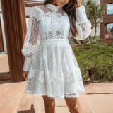 MQTIME  -  Elegant Hollow Out Embroidered Lace Party Dress Summer Fashion Long Sleeve A-Line White Dress Ladies Casual Buttons Dress