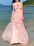 MQTIME  -  New Summer Pink Print Split Beach Dresses For Women Flower Halter-Neck Holiday Long Dress  French Elegant Female Clothes 2024