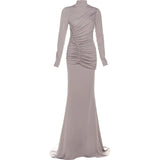 MQTIME  -  Women Ruched Maxi Dress Elegant Irregular Button Half High Collar Simple Evening Birthday Party Stretch Slim Bodycon
