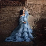 MQTIME  -  Pearl Tulle Maternity Dress for Photoshoot Long Puffy Sleeve Off Shoulder Babyshower Bridal Pregnancy Gowns